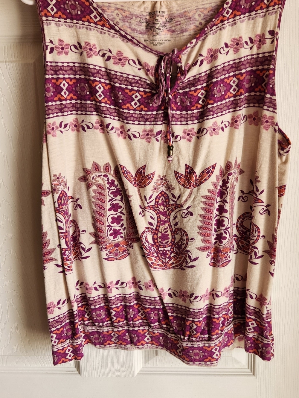 Boho Floral Sleeveless Tie-Front Top - Cream & Purple